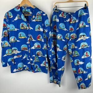 Nick & Nora Sleepwear Pajama Set Shirt Pants Snowglobe Winter Flannel Medium